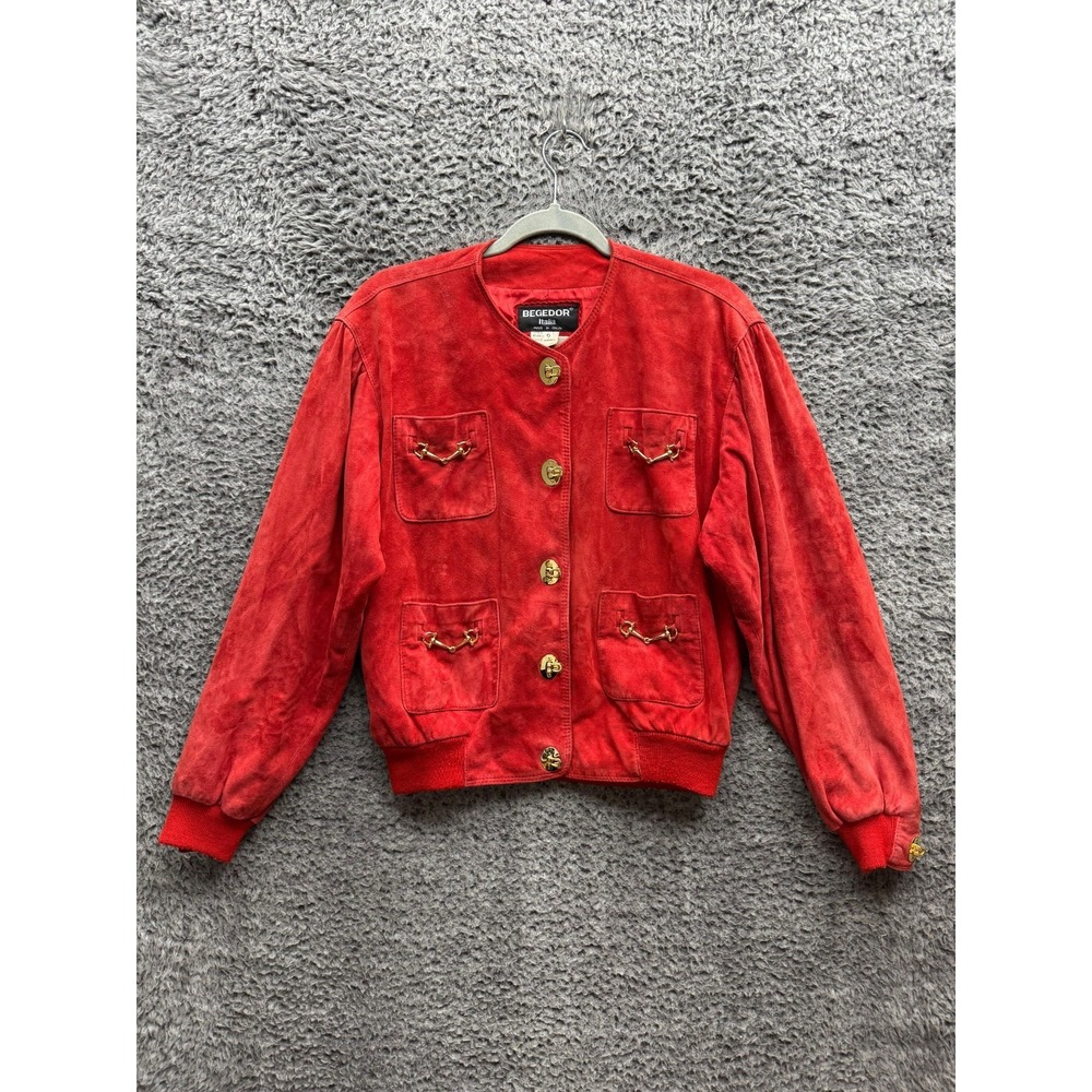 Vintage Begedor Italia Genuine Suede Leather Bomber Jacket Red Womens Size 6‎